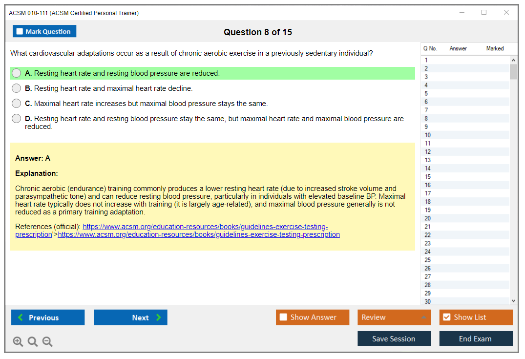 ACSM 010-111 (ACSM Certified Personal Trainer) Simulateur d'examen Moteur de test Dumps d'examen 8