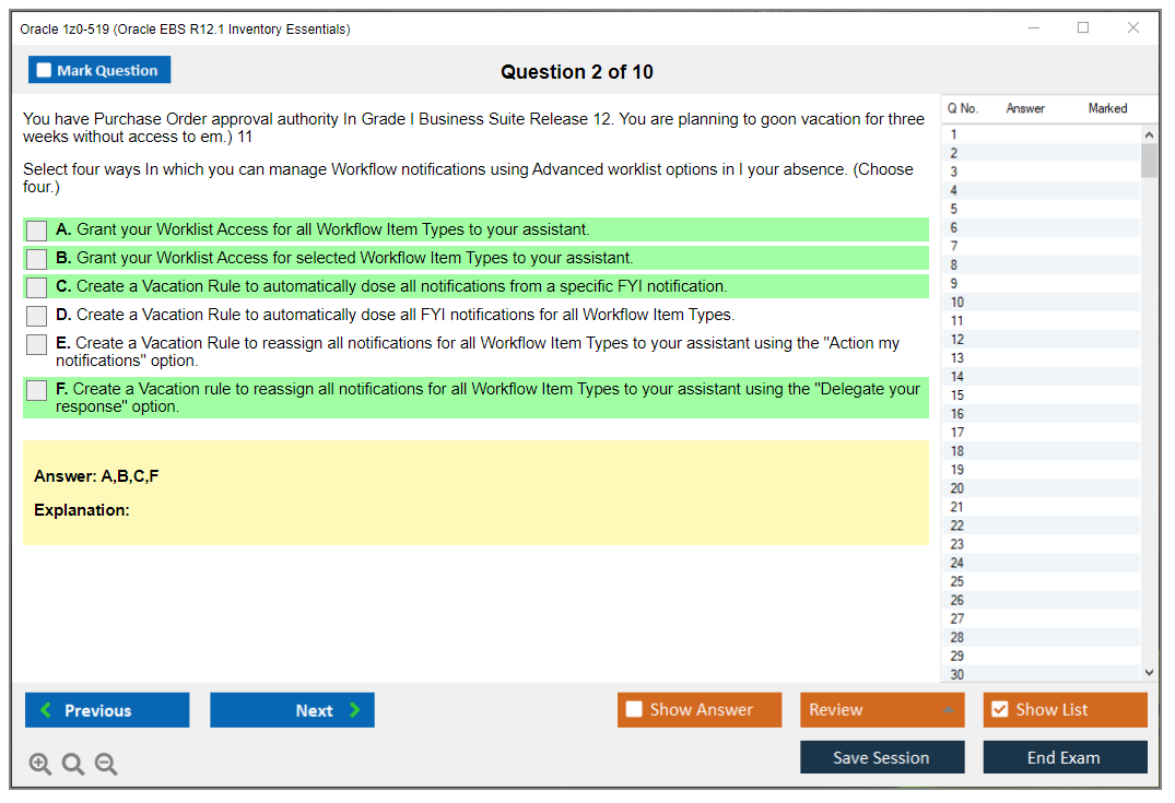 Oracle 1z0-519 (Oracle EBS R12.1 Inventory Essentials) Simulador de examen Motor de pruebas Dumps de examen 2