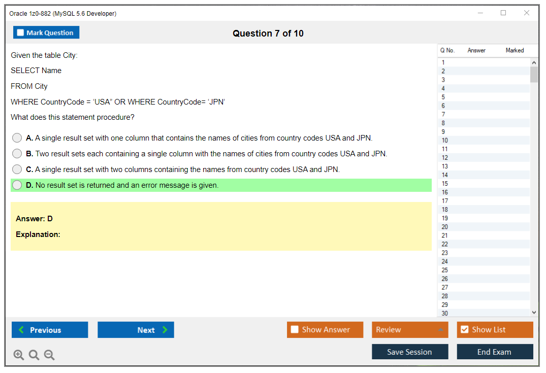 Oracle 1z0-882 (MySQL 5.6 Developer) Exam Simulator Test Engine Practice Exam 7