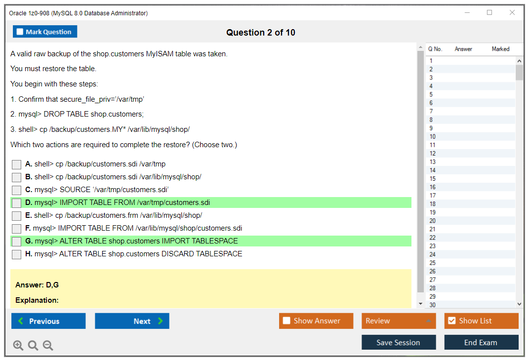 Oracle 1z0-908 (MySQL 8.0 Database Administrator) Simulador de exame Motor de teste Dumps de exame 2