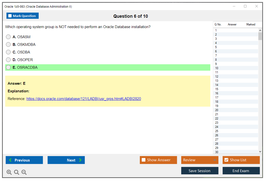 Oracle 1z0-083 (Oracle Database Administration II) Simulatore di esame Motore di test Dump degli esami 6