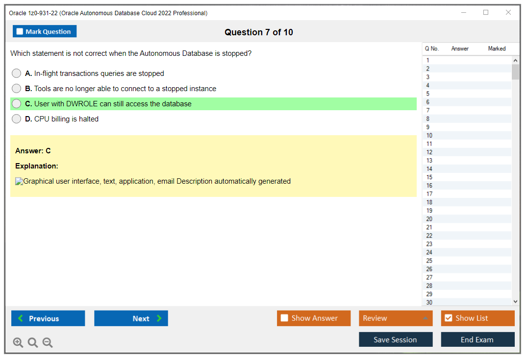 Oracle 1z0-931-22 (Oracle Autonomous Database Cloud 2022 Professional) Simulador de exame Motor de teste Dumps de exame 7