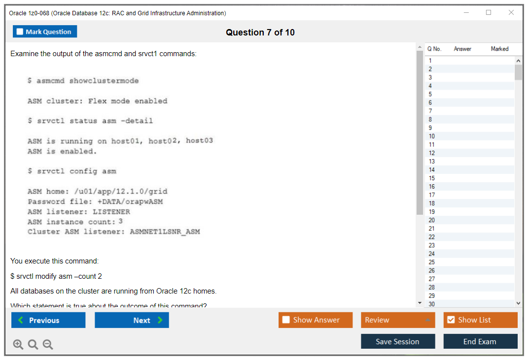 Oracle 1z0-068 (Oracle Database 12c: RAC and Grid Infrastructure Administration) Симулятор экзамена Тестовый движок Экзаменационные дампы 7