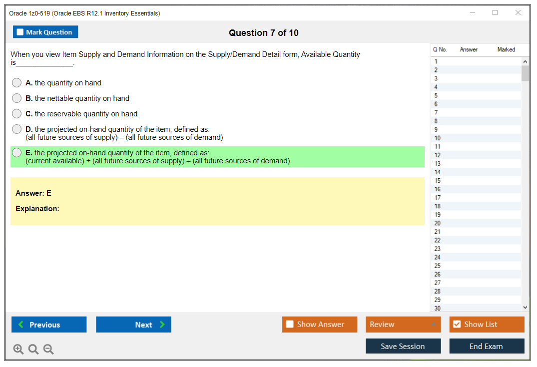 Oracle 1z0-519 (Oracle EBS R12.1 Inventory Essentials) Simulador de examen Motor de pruebas Dumps de examen 7