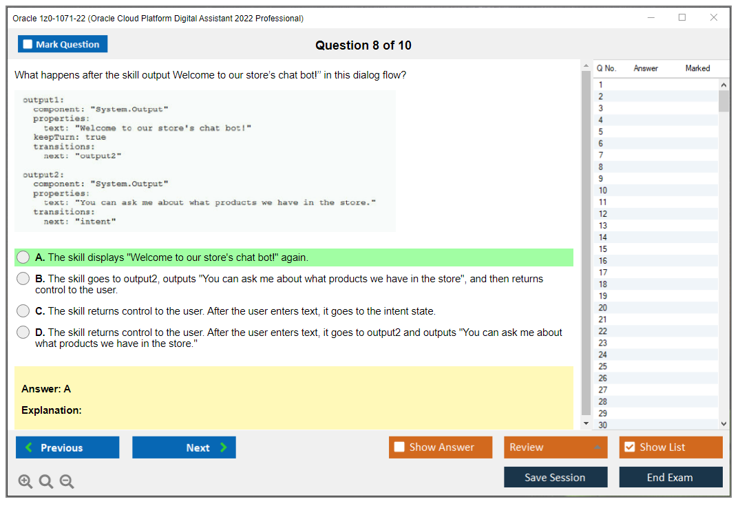 Oracle 1z0-1071-22 (Oracle Cloud Platform Digital Assistant 2022 Professional) Prüfungs-Simulator Test Engine Prüfungs-Dumps 8