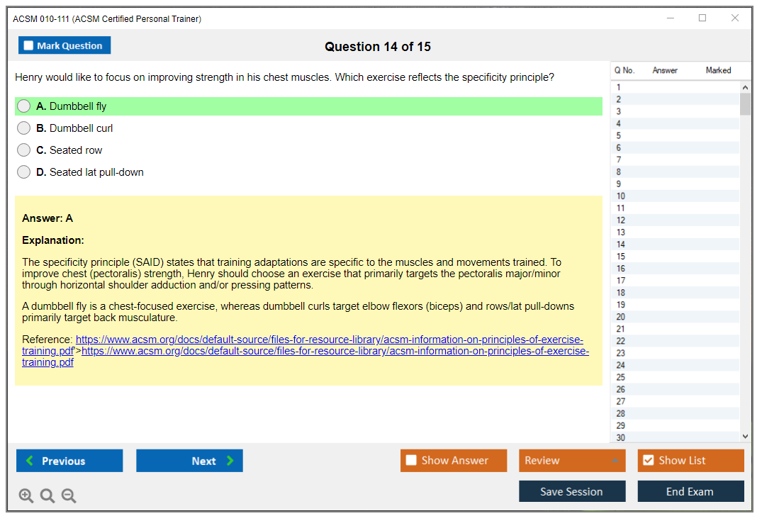 ACSM 010-111 (ACSM Certified Personal Trainer) Simulateur d'examen Moteur de test Dumps d'examen 14