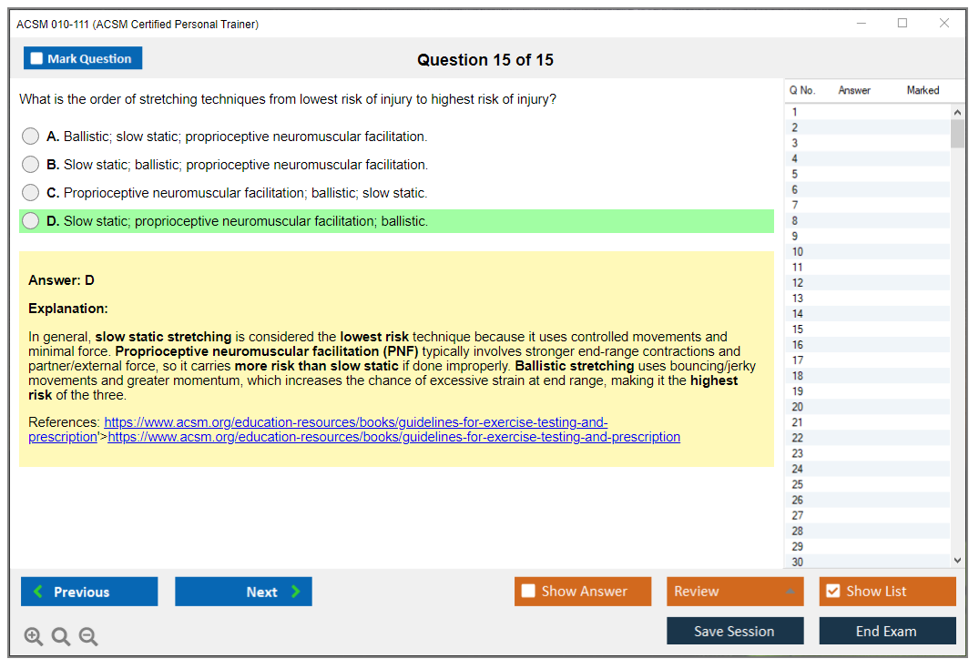 ACSM 010-111 (ACSM Certified Personal Trainer) Simulateur d'examen Moteur de test Dumps d'examen 15