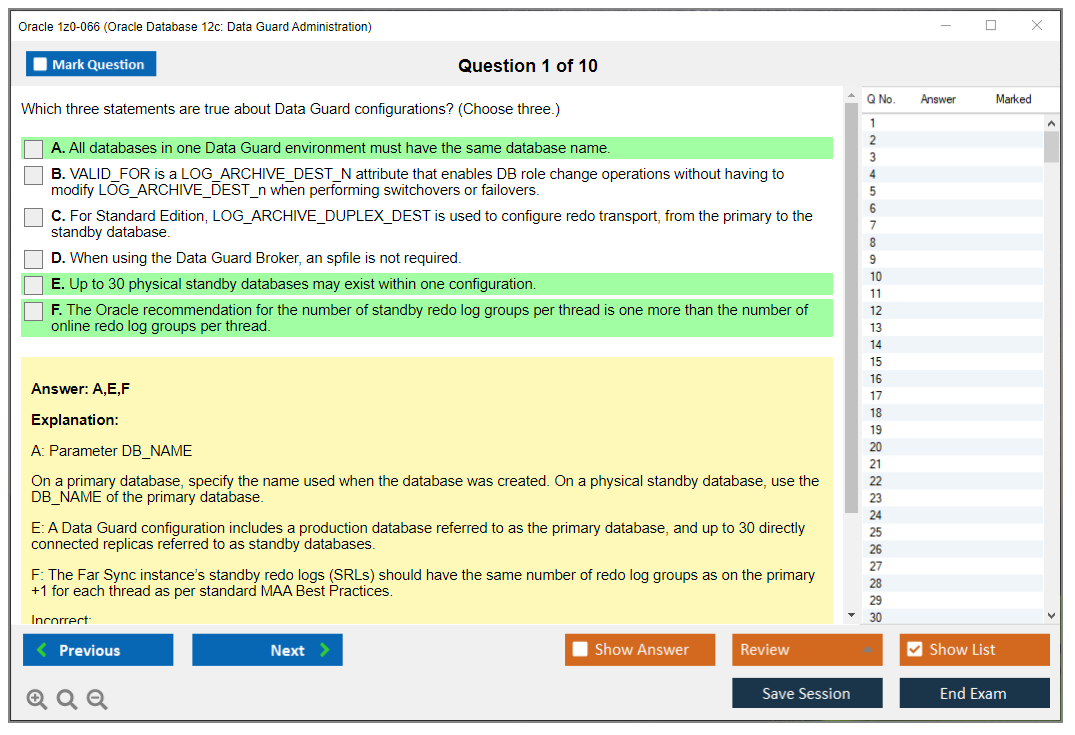 Oracle 1z0-066 (Oracle Database 12c: Data Guard Administration) Симулятор экзамена Тестовый движок Экзаменационные дампы 1