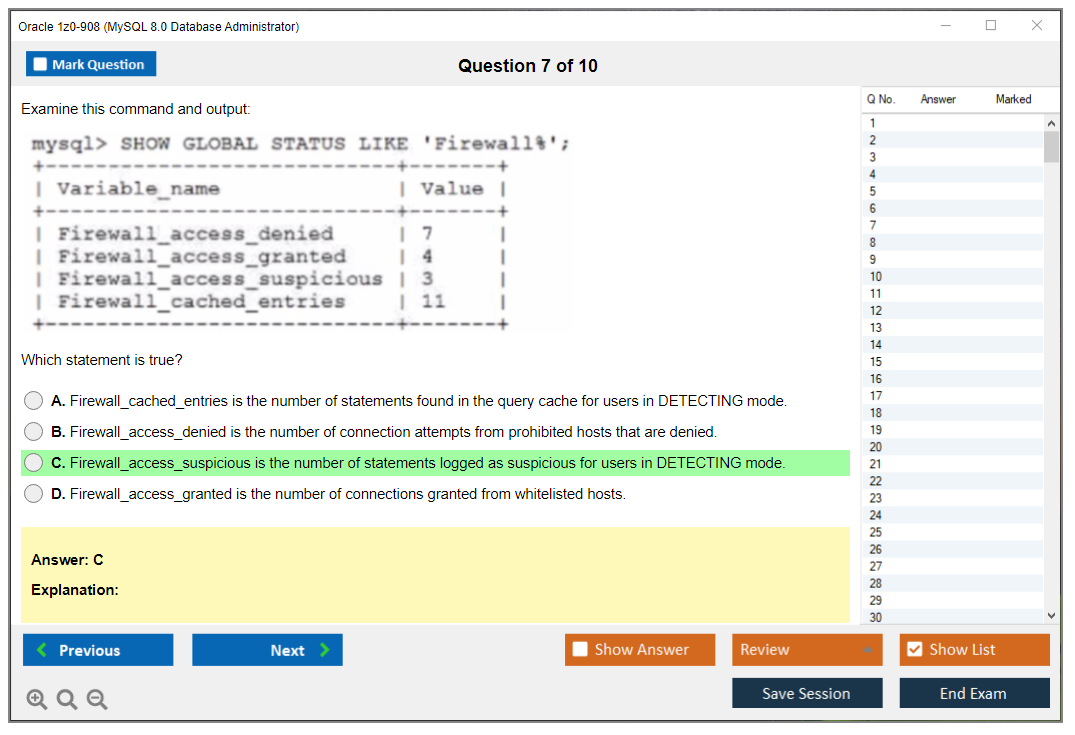 Oracle 1z0-908 (MySQL 8.0 Database Administrator) Simulador de exame Motor de teste Dumps de exame 7
