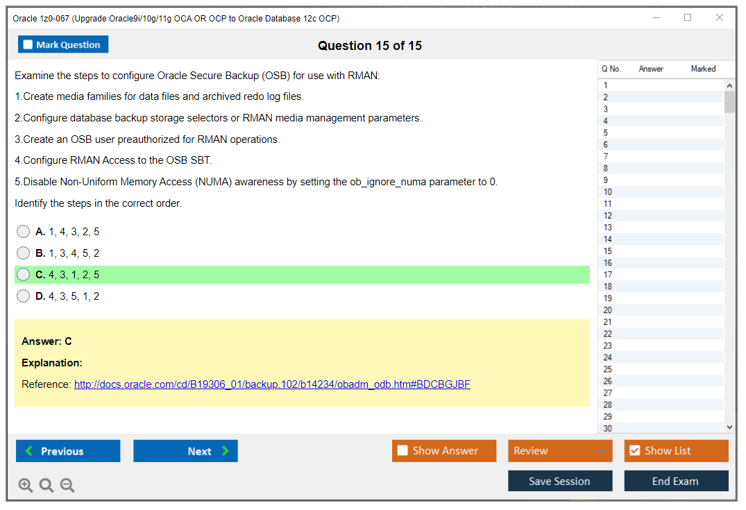 Oracle 1z0-067 (Upgrade Oracle9i/10g/11g OCA OR OCP to Oracle Database 12c OCP) Симулятор экзамена Тестовый движок Экзаменационные дампы 15