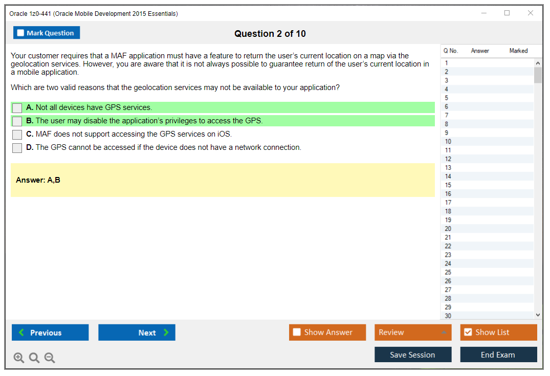 Oracle 1z0-441 (Oracle Mobile Development 2015 Essentials) Simulatore di esame Motore di test Dump degli esami 2