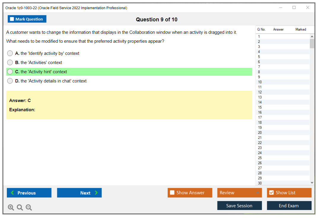 Oracle 1z0-1003-22 (Oracle Field Service 2022 Implementation Professional) Exam Simulator Test Engine Practice Exam 9
