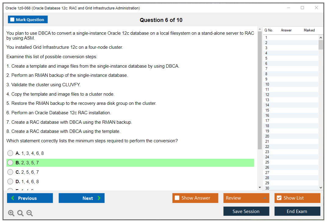 Oracle 1z0-068 (Oracle Database 12c: RAC and Grid Infrastructure Administration) Симулятор экзамена Тестовый движок Экзаменационные дампы 6