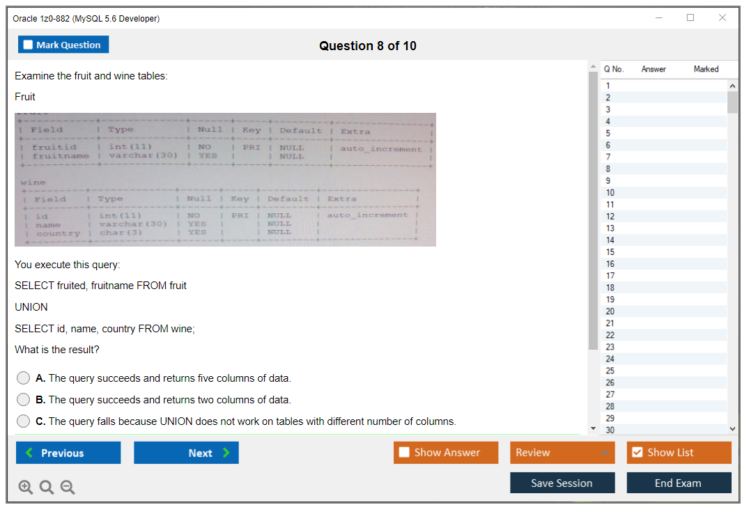 Oracle 1z0-882 (MySQL 5.6 Developer) Exam Simulator Test Engine Practice Exam 8