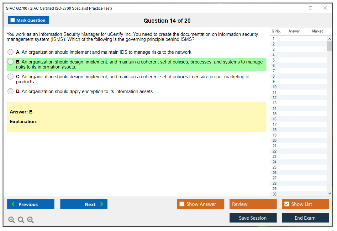 GIAC G2700 (GIAC Certified ISO-2700 Specialist Practice Test) Exam Simulator Test Engine Practice Exam 14