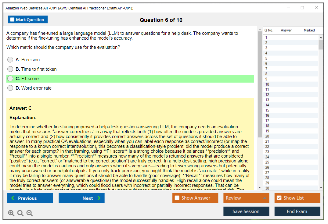 Amazon Web Services AIF-C01 (AWS Certified AI Practitioner Exam(AI1-C01)) Симулятор экзамена Тестовый движок Экзаменационные дампы 6