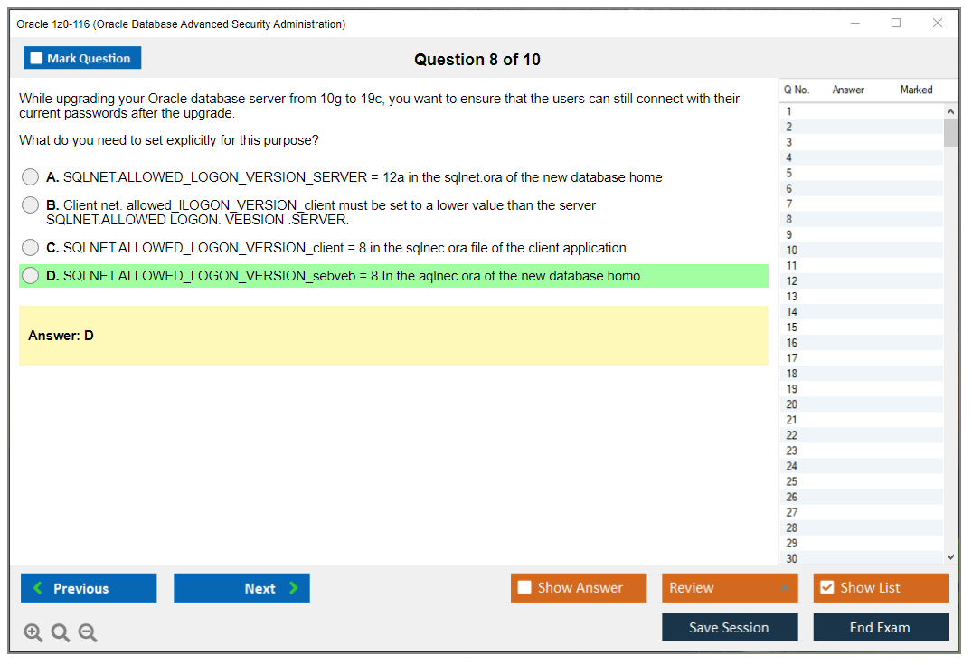 Oracle 1z0-116 (Oracle Database Security Administration) Simulateur d'examen Moteur de test Dumps d'examen 8