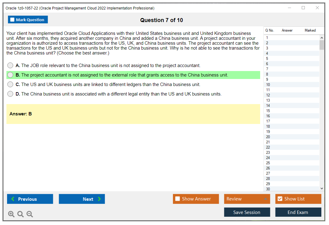 Oracle 1z0-1057-22 (Oracle Project Management Cloud 2022 Implementation Professional) Simulatore di esame Motore di test Dump degli esami 7