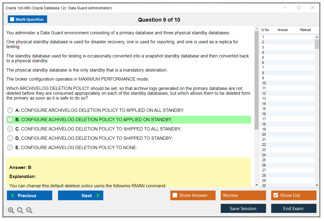 Oracle 1z0-066 (Oracle Database 12c: Data Guard Administration) Симулятор экзамена Тестовый движок Экзаменационные дампы 9