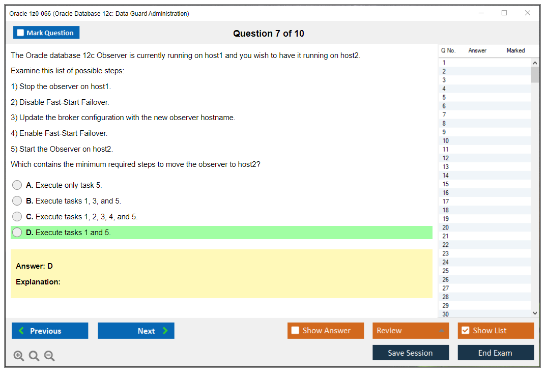 Oracle 1z0-066 (Oracle Database 12c: Data Guard Administration) Симулятор экзамена Тестовый движок Экзаменационные дампы 7