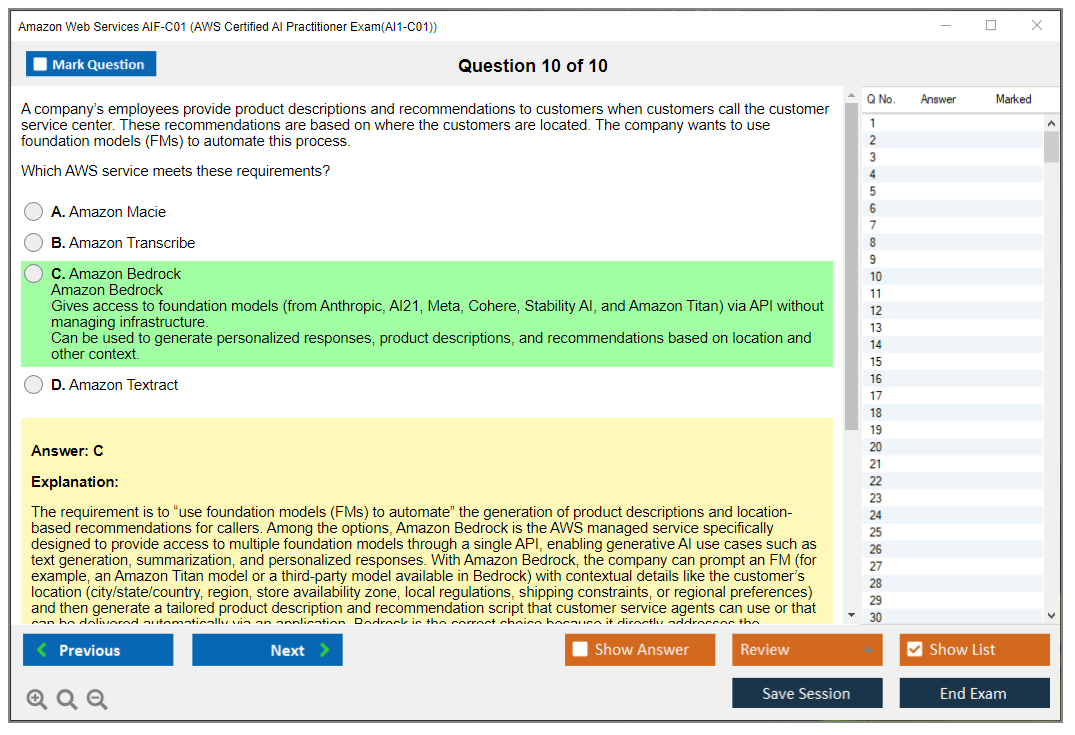 Amazon Web Services AIF-C01 (AWS Certified AI Practitioner Exam(AI1-C01)) Симулятор экзамена Тестовый движок Экзаменационные дампы 10