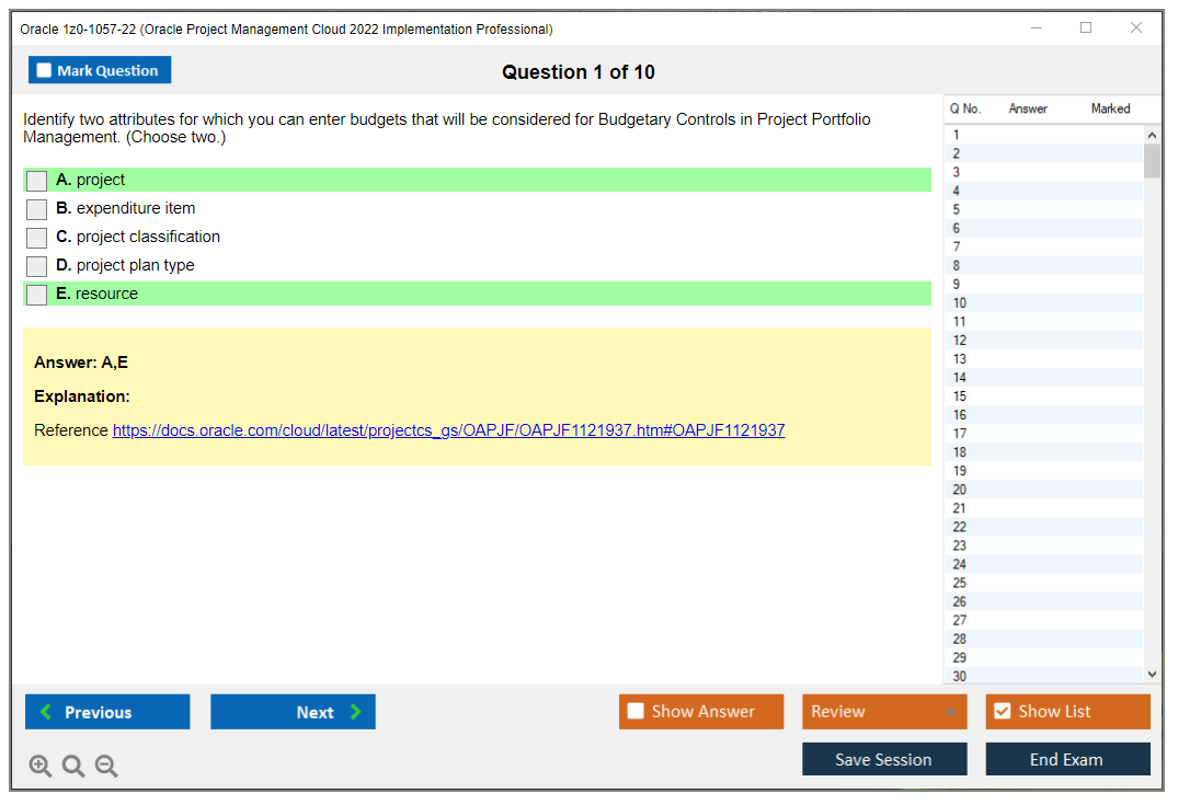 Oracle 1z0-1057-22 (Oracle Project Management Cloud 2022 Implementation Professional) Simulatore di esame Motore di test Dump degli esami 1