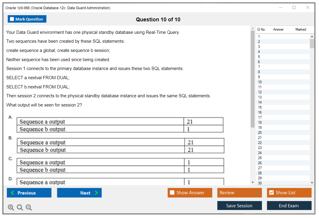 Oracle 1z0-066 (Oracle Database 12c: Data Guard Administration) Симулятор экзамена Тестовый движок Экзаменационные дампы 10