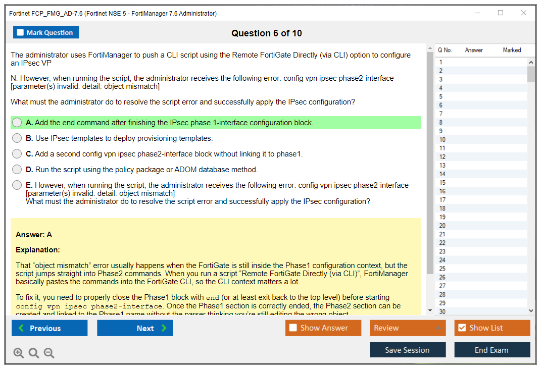 Fortinet FCP_FMG_AD-7.6 (Fortinet NSE 5 - FortiManager 7.6 Administrator) Simulador de examen Motor de pruebas Dumps de examen 6