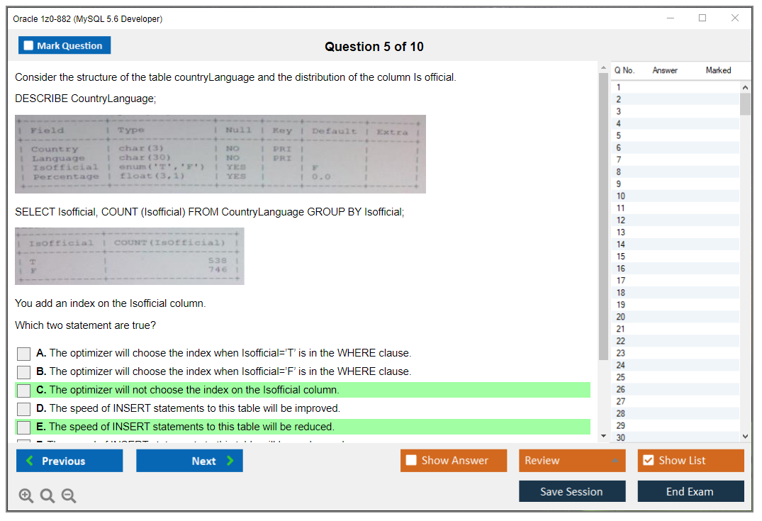 Oracle 1z0-882 (MySQL 5.6 Developer) Exam Simulator Test Engine Practice Exam 5