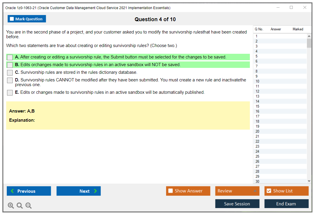 Oracle 1z0-1063-21 (Oracle Customer Data Management Cloud Service 2021 Implementation Essentials) Simulatore di esame Motore di test Dump degli esami 4