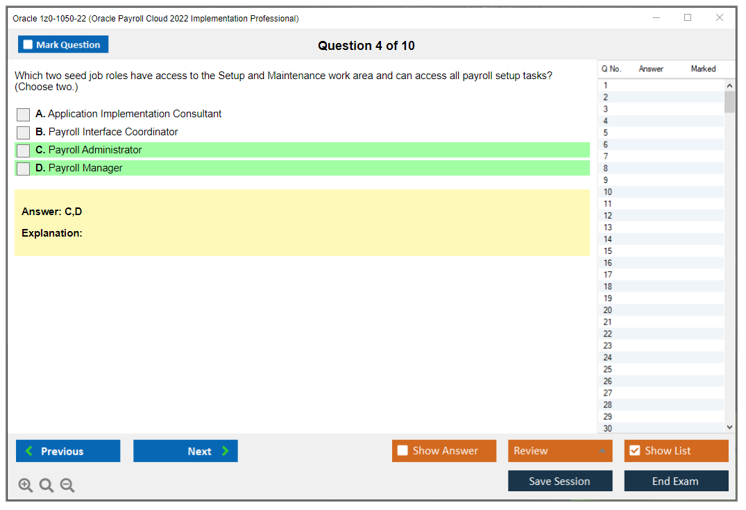 Oracle 1z0-1050-22 (Oracle Payroll Cloud 2022 Implementation Professional) Simulatore di esame Motore di test Dump degli esami 4