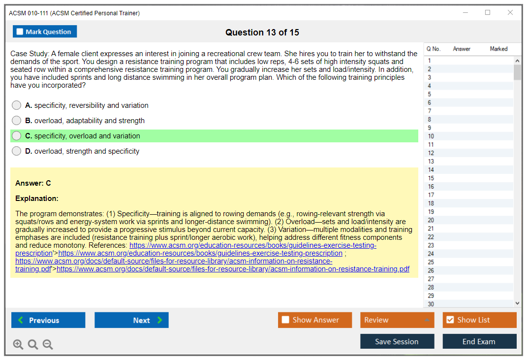 ACSM 010-111 (ACSM Certified Personal Trainer) Simulateur d'examen Moteur de test Dumps d'examen 13