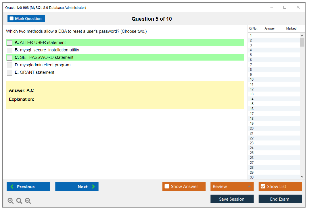 Oracle 1z0-908 (MySQL 8.0 Database Administrator) Simulador de exame Motor de teste Dumps de exame 5